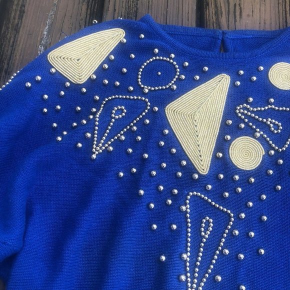 Royal Blue Sweater Sz L XL Gold Beaded Rope Embroidery Vintage 80s The Goldbergs - Picture 3 of 4